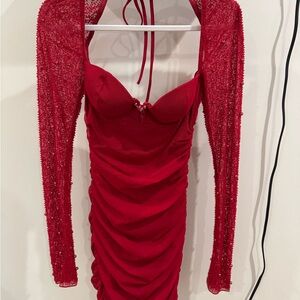 Oh Polly Red Ruched Halter Dress with Beaded Sheer Sleeves